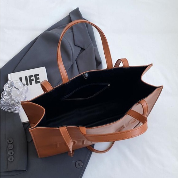 Leather Tote Bag With Pure Color & Letter Design - Picture 2 of 9